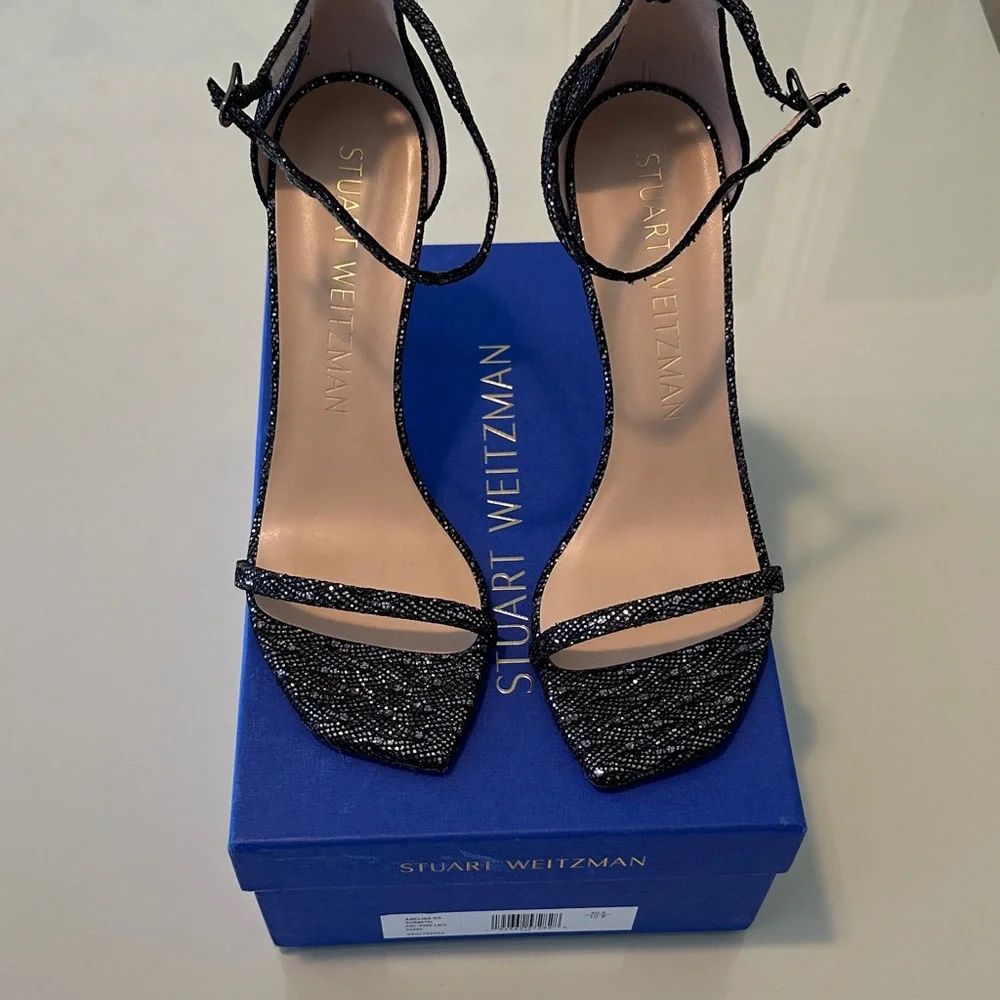 NWT Stuart Weitzman Amelina Gunmetal Glitter Heels - Picture 2 of 11